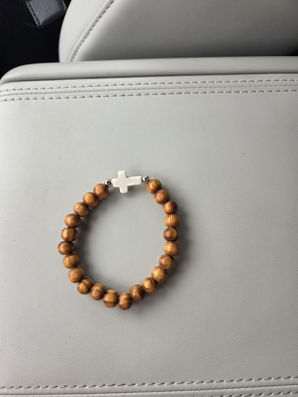 Men's Wood Bead Bracelet with Silver Cross Accent - Brown